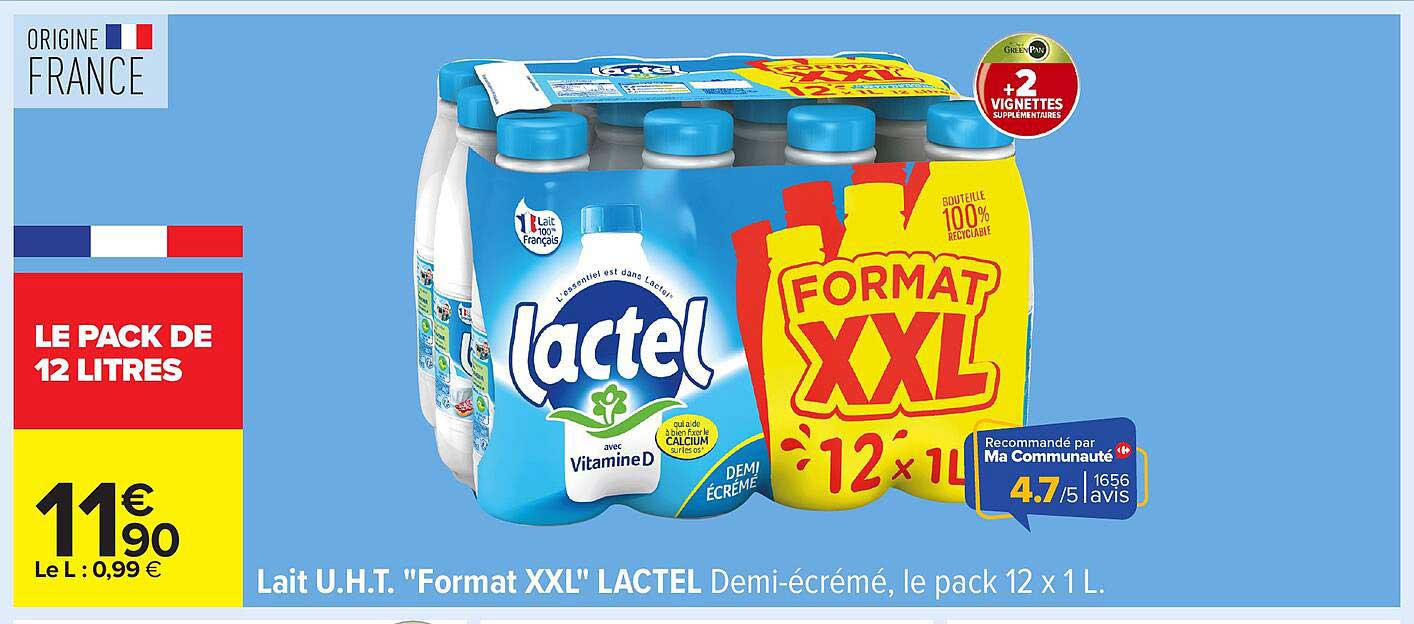 Lait U.H.T. "Format XXL" LACTEL Demi-écrémé, le pack 12 x 1 L.