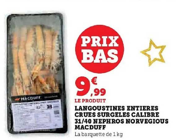 LANGOUSTINES ENTIÈRES CRUES SURGELES CALIBRE 31/40 NEPHROS NORVEGIOUS MACDUFF