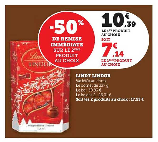 LINDT LINDOR -50% de remise immédiate sur le 2ème produit au choix