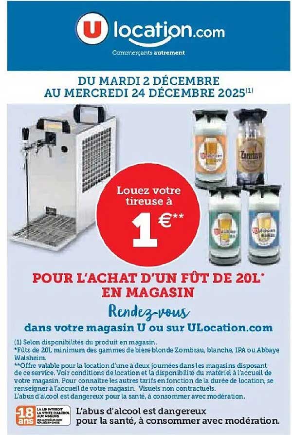 Louez votre tireuse à 1 €** pour l'achat d'un fût de 20L en magasin