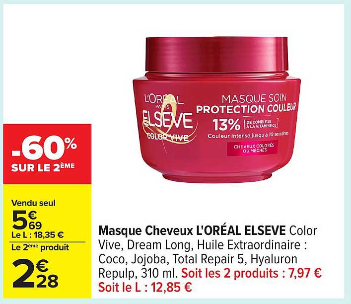Masque Cheveux L'ORÉAL ELSEVE Color Vive, Dream Long, Huile Extraordinaire