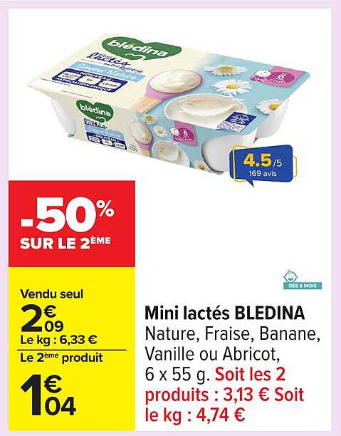 Mini lactés BLEDINA Nature, Fraise, Banane, Vanille ou Abricot, 6 x 55 g