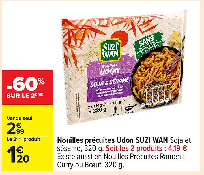 Nouilles précuites Udon SUZI WAN Soja et sésame, 320 g