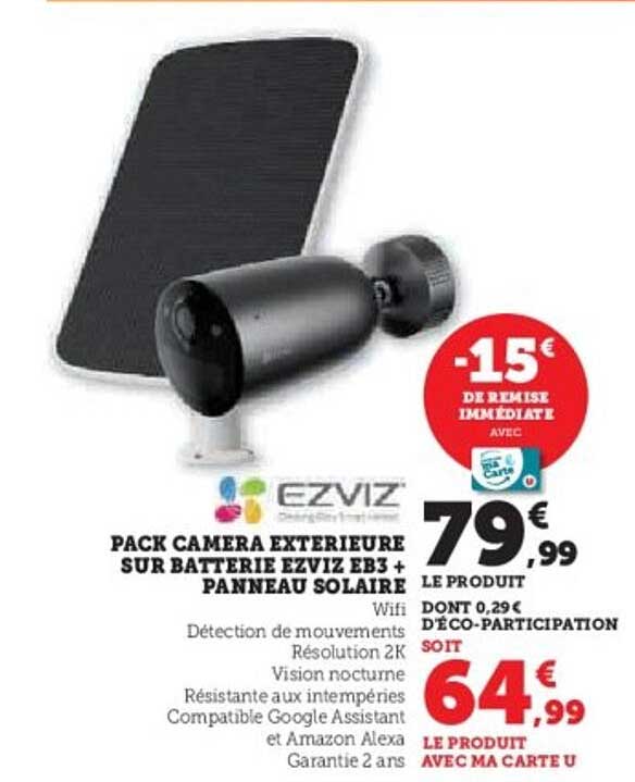 PACK CAMERA EXTERIEURE SUR BATTERIE EZVIZ EB3 + PANNEAU SOLAIRE
