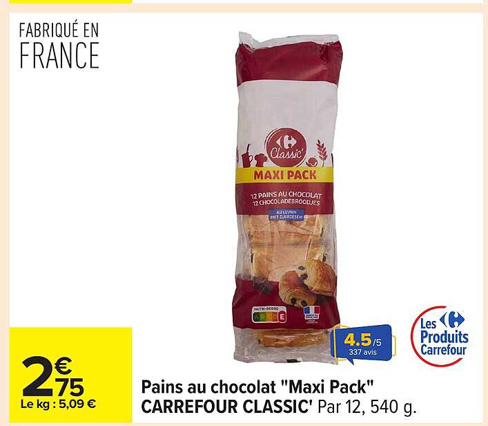 Pains au chocolat "Maxi Pack" CARREFOUR CLASSIC' Par 12, 540 g.