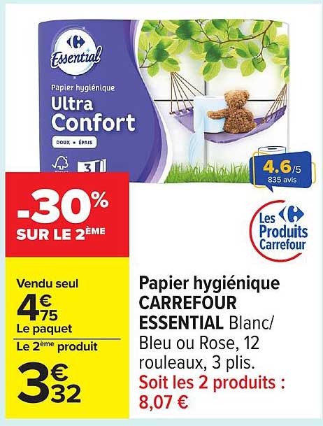 Papier hygiénique CARREFOUR ESSENTIAL Blanc/Bleu ou Rose, 12 rouleaux, 3 plis