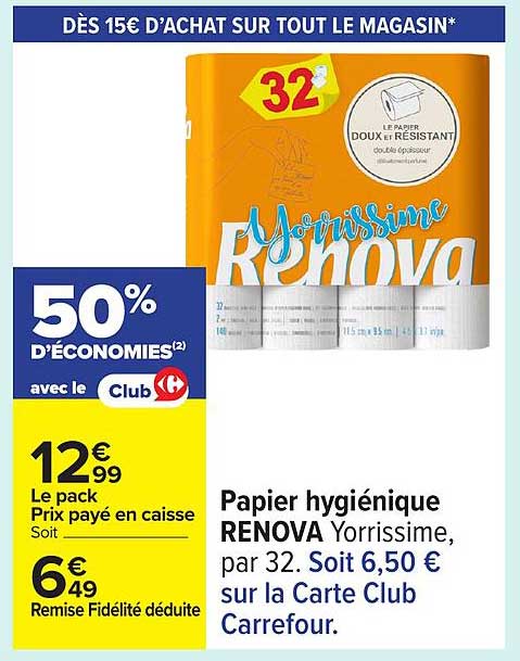 Papier hygiénique RENOVA Yorrissime, par 32.