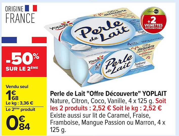 Perle de Lait "Offre Découverte" YOPLAIT Nature, Citron, Coco, Vanille, 4 x 125 g.