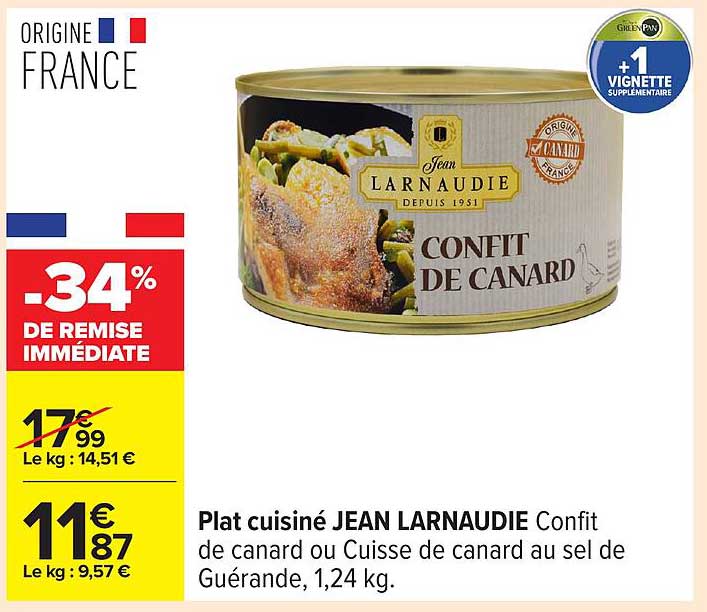 Plat cuisiné JEAN LARNAUDIE Confit de canard ou Cuisse de canard au sel de Guérande, 1,24 kg.