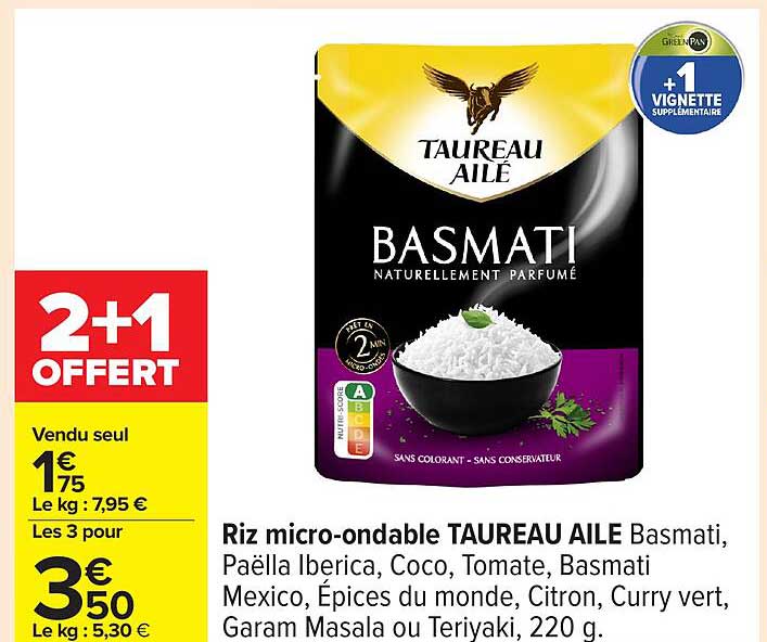 Riz micro-ondable TAUREAU AILE Basmati, Paëlla Iberica, Coco, Tomate, Basmati Mexico, Épices du monde, Citron, Curry vert, Garam Masala ou Teriyaki, 220 g.