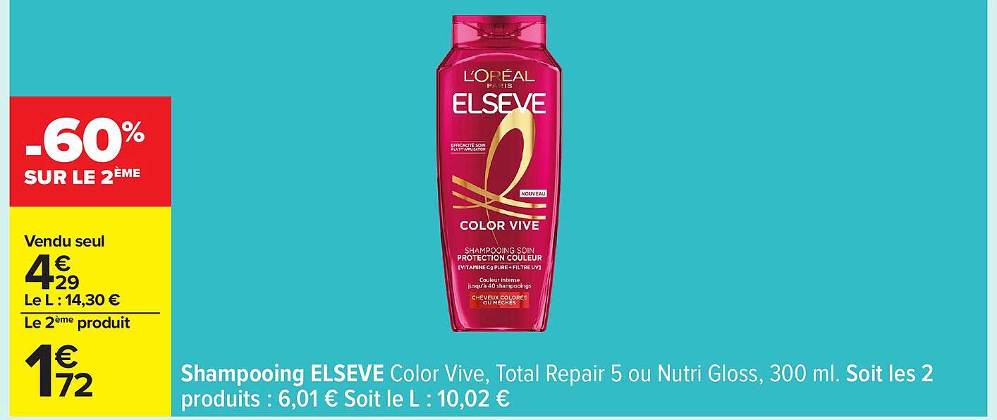 Shampooing ELSEVE Color Vive, Total Repair 5 ou Nutri Gloss, 300 ml