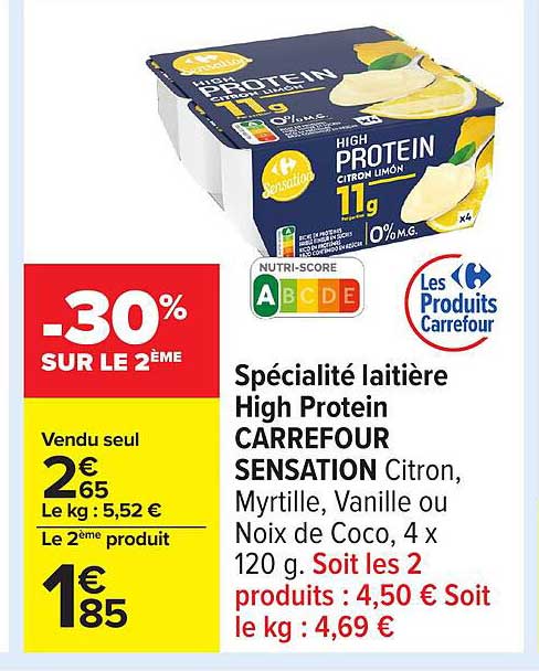Spécialité laitière High Protein CARREFOUR SENSATION Citron, Myrtille, Vanille ou Noix de Coco
