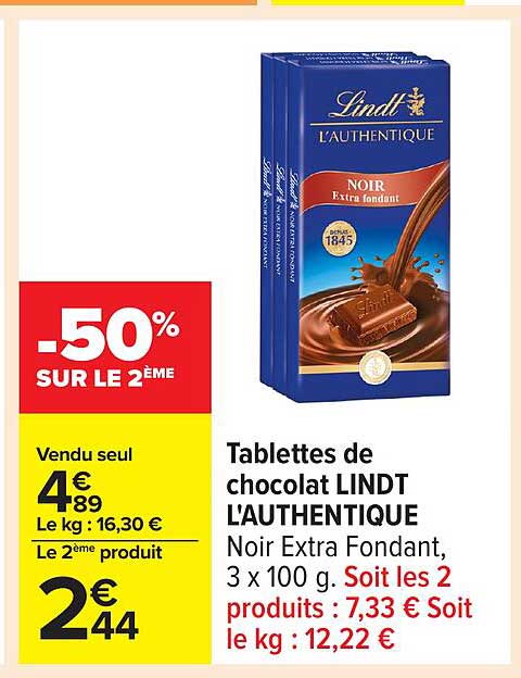 Tablettes de chocolat LINDT L'AUTHENTIQUE Noir Extra Fondant