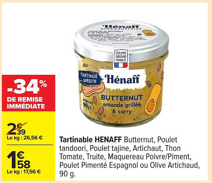 Tartinable HENAFF Butternut, Poulet tandoori, Poulet tajine, Artichaut, Thon Tomate, Truite, Maquereau Poivre/Piment, Poulet Pimenté Espagnol ou Olive Artichaud, 90 g.