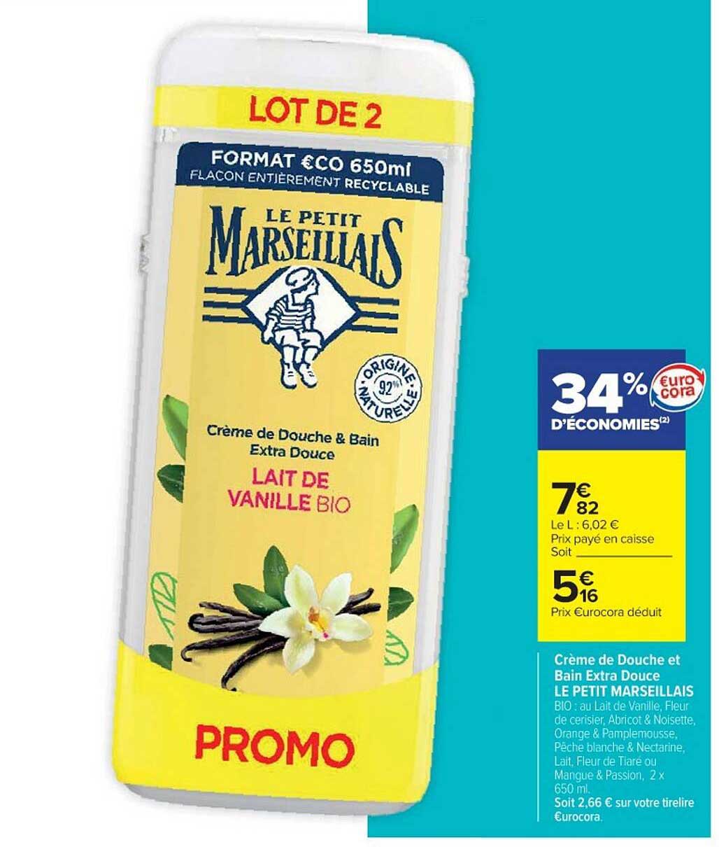 Crème de Douche et Bain Extra Douce LEC PETIT MARSEILLAIS Lait de Vanille BIO
