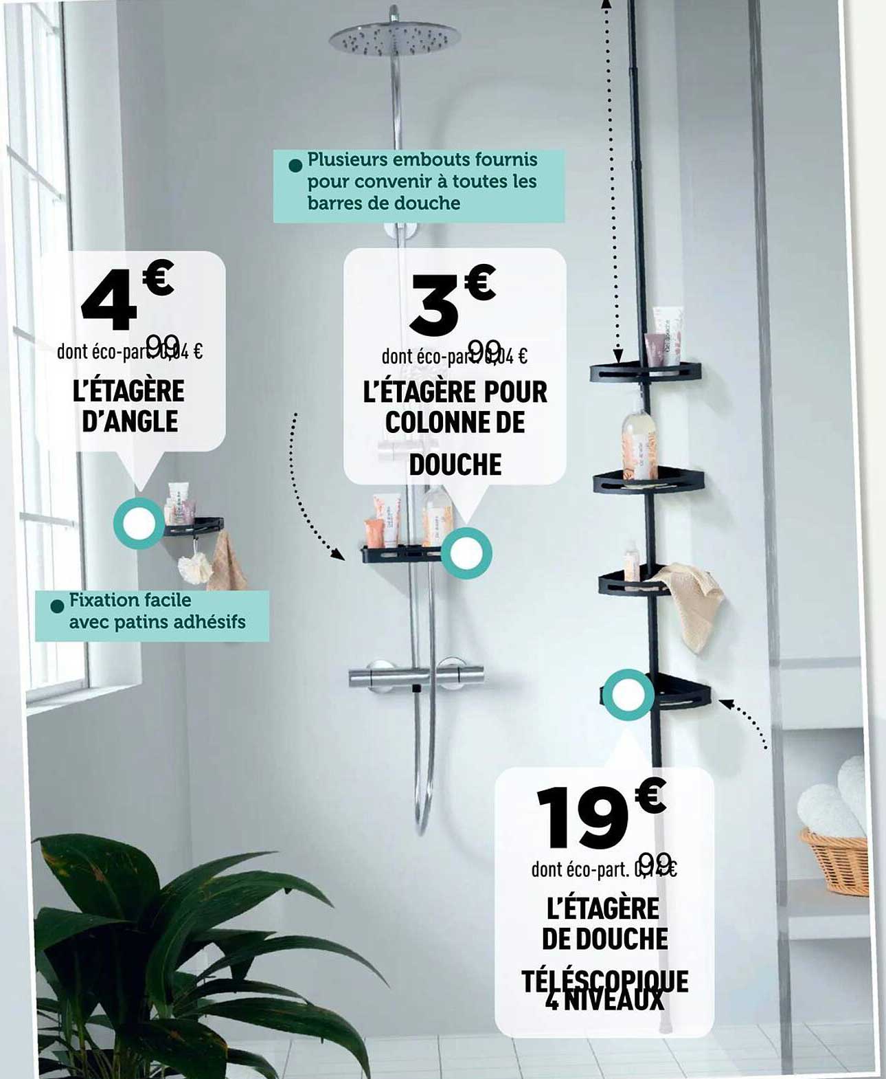 Étagère De Douche D'Angle Télescopique VEVOR - Hauteur Réglable 99-317,5 Cm - 3 Plateaux Et Porte-Savon