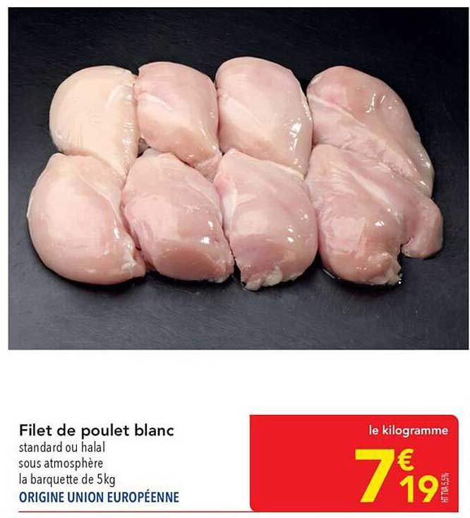 Filet de poulet blanc standard ou halal sous atmosphère la barquette de 5kg