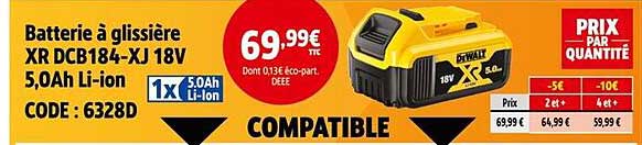 Batterie à glissière XR DCB184-XJ 18V 5,0Ah Li-ion