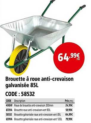 Brouette à roue anti-crevaison galvanisée 85L