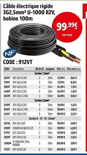 Câble électrique rigide 3G2,5mm² U-1000 R2V, bobine 100m
