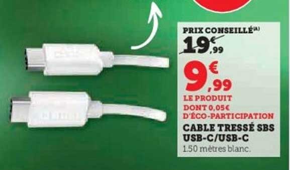Câble tressé SBS USB-C/USB-C 1.50 mètres blanc