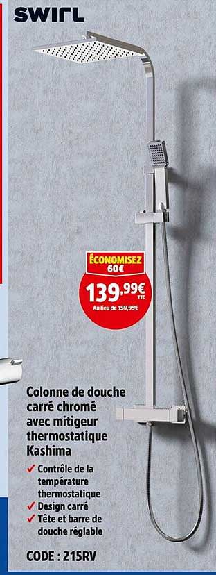 Colonne de douche carré chromé avec mitigeur thermostatique Kashima