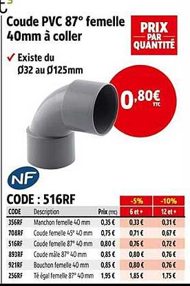 Coude PVC 87° femelle 40mm à coller