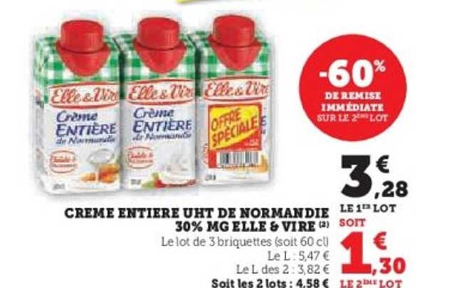 CREME ENTIERE UHT DE NORMANDIE 30% MG ELLE & VIRE