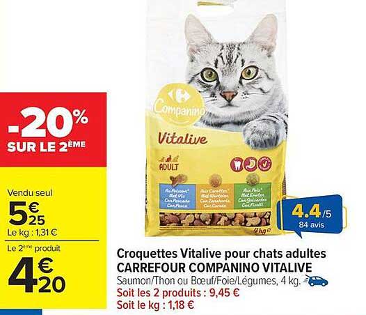 Croquettes Vitalive pour chats adultes CARREFOUR COMPANINO VITALIVE