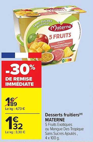 Desserts fruitiers(n) MATENE 5 Fruits Exotiques ou Mangue Des Tropiques Sans Sucre Ajoutés, 4 x 100 g.