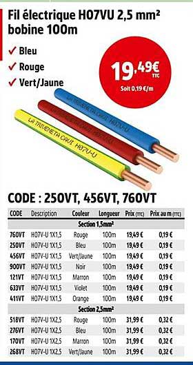 Fil électrique HO7VU 2,5 mm² bobine 100m