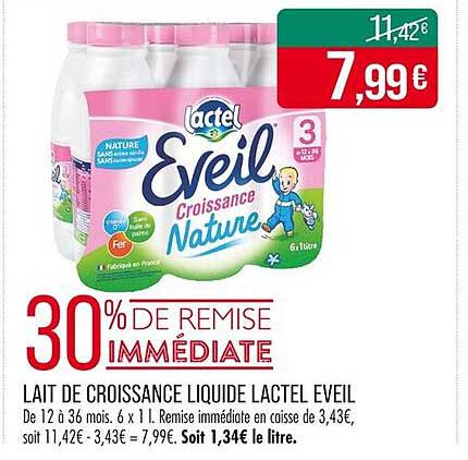 Lait de Croissance Liquide Lactel Éveil - 30% de Remise Immédiate