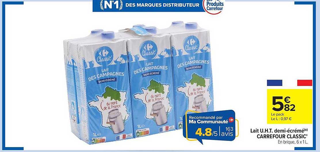 Lait U.H.T. demi-écrémé CARREFOUR CLASSIC’