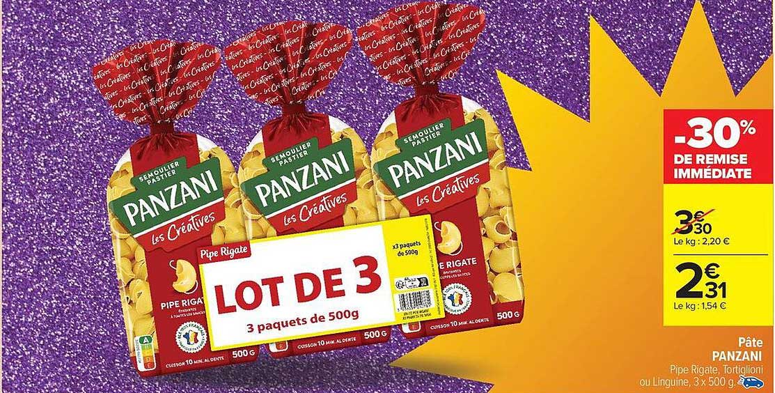 LOT DE 3 Paquets de 500g Pâtes Panzani