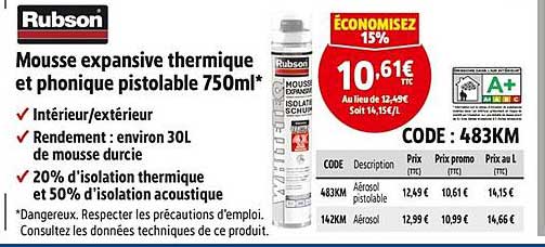 Mousse expansive thermique et phonique pistolable 750ml