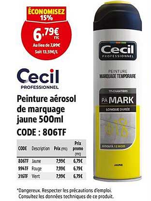 Peinture aérosol de marquage jaune 500ml