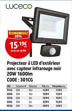 Projecteur à LED d’extérieur avec capteur infrarouge noir 20W 1600lm