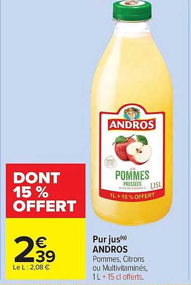 Pur jus Andros Pommes, Citrons ou Multivitaminés, 1 L + 15 % offert