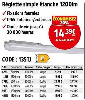 Réglette simple étanche 1200lm