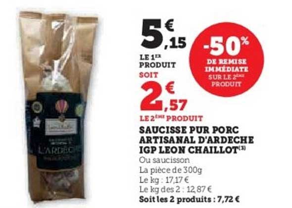 SAUCISSE PUR PORC ARTISANAL D'ARDECHE IGP LEON CHAILLOT