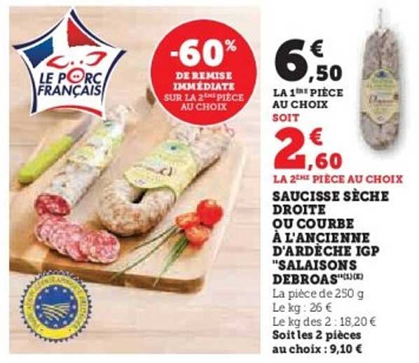 SAUCISSE SÈCHE DROITE OU COURBE À L'ANCIENNE D'ARDÈCHE IGP "SALAISONS DEBROAS"