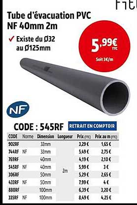 Tube d’évacuation PVC NF 40mm 2m
