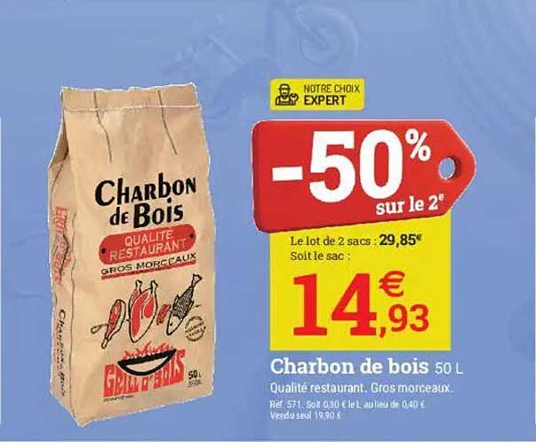 Charbon de bois 50 L Qualité restaurant Gros morceaux