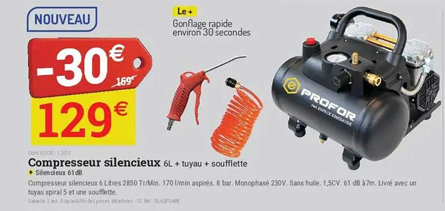 Compresseur silencieux 6L + tuyau + soufflette