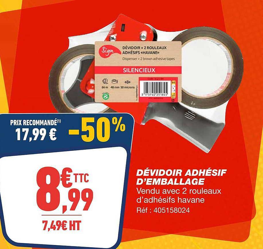 DÉVIDOIR ADHÉSIF D’EMBALLAGE Vendu avec 2 rouleaux d’adhésifs havane Réf : 405158024