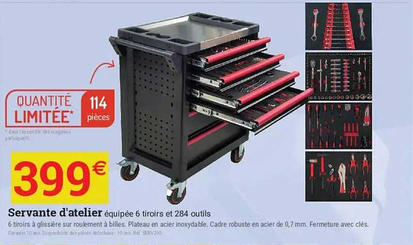 Servante d'atelier équipée 6 tiroirs et 284 outils