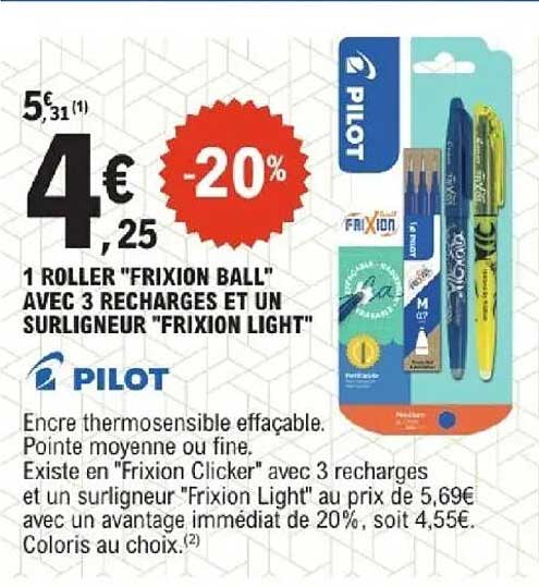 1 ROLLER "FRIXION BALL" AVEC 3 RECHARGES ET UN SURLIGNEUR "FRIXION LIGHT"
