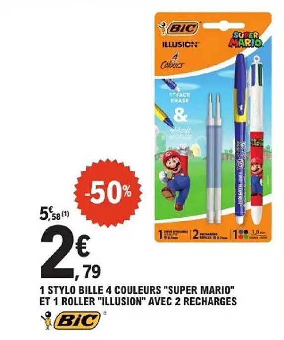 1 STYLO BILLE 4 COULEURS "SUPER MARIO" ET 1 ROLLER "ILLUSION" AVEC 2 RECHARGES