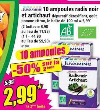 10 ampoules radis noir et artichaut dépuratif détoxifiant, goût pomme-citron, le boîte de 100 ml = 5,99*