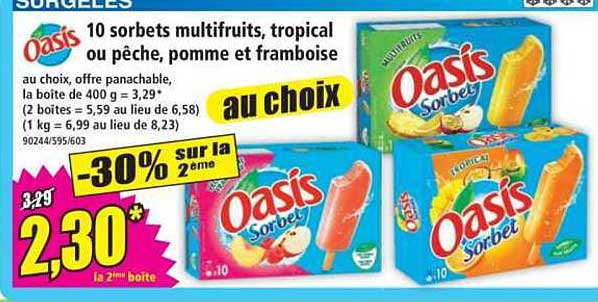 10 sorbets multifruits, tropical ou pêche, pomme et framboise au choix
